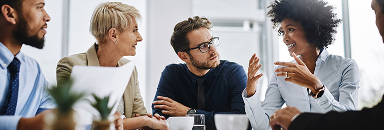 five people seen at a casual meeting in a office board room